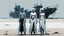 Placeholder: ((three)) determined cyberpunk women (wearing white khiton) standing in front of a boat wreck on a radioactive beach, acrylic painting, minimal art, centered, wild sparse brushstrokes, amazing verticals, great parallels, low bleak colors of gray, blue and black, excellent negative space contrasts