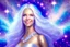 Placeholder: very beautiful cosmic women with white long hair, little smile, with cosmic silver metallic suite and brightly earings. in the background there is a bautiful sky with stars and light beam