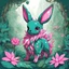 Placeholder: Teal colored eevee with a large pink with white spotted flower growing out of their back with jagged leaves and green vines that wrap around everything, background jungle, masterpiece, best quality, in doodle art style