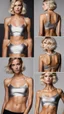 Placeholder: photography of a beautiful anorexic woman, silver satin spaghetti top, sports illustrated, blond short wavy bob haircut, pronounced sternum