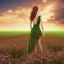 Placeholder: woman standing in flower field, sunset, short brown hair, back view, green dress, windy