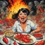 Placeholder: [art by Jack Davis] she's eaten so many chillies she's on fire