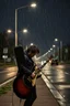 Placeholder: a very disappointed member with guitar case of a hard rock band who has been kicked out of a rehearsal space in Sweden, he stands outside in the rain and cries, street lamps shining, raindrops, wind, empty roads and cycle paths next to it