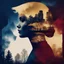 Placeholder: Anything Artistic Related To Double Exposure Theme, With The Colors Using Maroon, Navy Blue & Golden With Black Rustic Background.