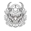 Placeholder: White, minimalis line art , oni mask japanes funny , vector, white background, outline, with images neatly contained within the background, just black and white color,