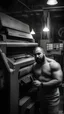 Placeholder: robust muscular turkish chubby 35 year old man in tracksuit, short beard, shirtless, printer in an old printing house, next to a huge old printer, dim light, side light, ambient occlusion