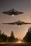 Placeholder: school (kids) see saucer ufo flying over tall pine trees near a high voltage powerline with (three lights underneath) and lots of lights all around the edge, the year is 1966 in color, concept art, by Asaf Hanuka, by Weta Digital, Electric Colors, Screen Space Global Illumination, in a symbolic and meaningful style