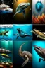 Placeholder: different variations of marine animals montage science book style