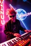 Placeholder: French cool synth player with crazy techno acid hair, he is called "Jean-Maurice Brûlée" performing at dance club, his name is "Jean-Maurice Brûlée" , white and orange Neon lights and oraNGE smog, and "URINIUM" big sign on the wall, he is playing on synthesizers on stage with lot of laser beams and wearing black sunglasses, an earth is projected in background