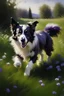 Placeholder: (A cute Border Collie:1.2), (Running on a sunny grassy lawn:1.1), (Covered in purple lilac flowers:1.1), Medium Shot, Natural Lighting, (Realistic, Naturalistic:1.1)