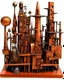 Placeholder: A bronze orange colored mechanized metropolis with tool shaped buildings painted by Pablo Picasso