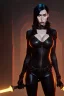 Placeholder: sophia vergera dressed in black leather catsuit, with a whip in her hand, inside a dungeon, busty, cleavage, angry, stern look, volumetric lighting, particales,highly detailed,cinematic, deep colours,8