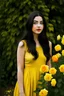 Placeholder: dress, yellow roses, black hair, white girl,