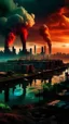 Placeholder: After the greenhouse effect, The city of 2023, polluted city, A bunch of factories, colorful clouds, lightning, polluted water. Surreal, wonderful craftsmanship, depth of field, sharp focus, unique art, 8k, mysterious