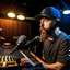 Placeholder: A short brown beard DJ with a baseball hat sing at microphone, many electronic consoles studio , microphones,, laser lights, FRONT VIEW