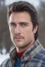 Placeholder: Blue eyes, close-up facial portrait - a Bright, well-lit UHD, 1080p 32k, photograph - winter time, hunting season, part Jesus Christ, part Elvis Presley with a mustache and short crew-cut hair, part Lee Majors, Part red and black checkered wool coat, blue jeans, cowboy boots, plaid shirt, sunbursts, crosses, 3D lighting, diamonds, hearts, Butterflies, Clovers, Roses, extremely colorful,