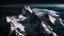 Placeholder: Aerial view from above of a sharp, rocky mountain peak with snow patches, piercing through a dense, swirling foreground layer of white clouds, dark night sky with visible Milky Way, high contrast, cinematic lighting, photorealistic, 8k resolution, sharp focus