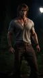 Placeholder: muscular 35 year old male with messy light brown hair wearing a loose fitting shirt, photorealistic, dark fantasy, outside scene