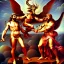 Placeholder: The winged messenger Hermes delivering a message to Zeus but Zeus is a Hydra. Medusa and the Minotaur are fighting in the background. High definition oil painting.