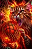 Placeholder: 13k, highly realistic and detailed image of a NBA cat basketball player in action dunking the ball in the net, sweaty hair, screaming look,action and explosive background