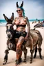 Placeholder: Tatooed fire biker priestess beach with pet donkey