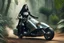 Placeholder: (high res photo by unknown surrealist artist) scifi Princess as a tattooed gangsta nun in her iconic outfit, she is driving a speeder moto in the jungle, aiming with her scifi rigle in hand, ready to shoot