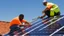 Placeholder: solar panel installation by 2 - 3 black guys on the roof of a house, panoramic view