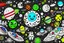 Placeholder: Create an outer space scene with planets, stars, and a rocket ship. The planets should have funny faces, and the rocket ship can be smiling too. Make the stars in various shapes, like hearts and circles. The background can have a rainbow-colored galaxy. Add an astronaut inside the rocket ship waving happily., light black and white outline, fine line, white background