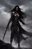 Placeholder: SA female elf with skin the color of storm clouds, deep grey, stands ready for battle. Her long black hair flows behind her like a shadow, while her eyes gleam with a fierce silver light. Despite the grim set of her mouth, there's a undeniable beauty in her fierce countenance. She's been in a fight, evidenced by the ragged state of her leather armor and the red cape that's seen better days, edges frayed and torn. In her hands, she grips two daggers, add dark shadow mystic purple flames