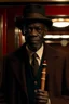 Placeholder: A black man standing behind the movie theater, his face is black, with light red eyes and sharp teeth, he is wearing a formal suit and a black hat, and he is holding a golden cane.