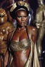 Placeholder: grace jones, in princess Leia's slave costume of the Return of the Jedi, close to Jabba the Hutt.