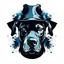 Placeholder: Modern tattoo motifs, abstract and minimalist ink drawing, Bold and dynamic, design on a white background, Pictured is a broad and firm head of a short-haired crossbreed dog of a dark color, without light patches on the faces, of a firmer stature with very short drooping ears in a large hat . The image consists of black and blue colors. The tattoo is with detailed shading. The dog has a cheerful and mischievous look and a sticking out tongue, he smiles