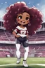 Placeholder: A sassy thick-lined watercolor cartoon image of a black chibi girl standing in front of a football stadium. She is wearing a off the shoulder Garnet, black and white jersey blouse and tight white jeans behind her curvy body. Looking up coyly, she grins widely, showing sharp teeth. Her poofy hair forms a mane framing her confident, regal expression. Prominent makeup with hazel eyes. Hair is highly detailed.