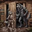 Placeholder: fantasy digital art of young anthro wolf kicked out of the house, she have gray hairy wolf body , paw, and wears just a short canvas rag around her waist , sadly face in the rain , behind her an tall angry anthro dark hairy wolf man and kicks her out the door with his foot, behind in rustic halb open door in an massive wooden house, deep colors, rainy day, detailed, anthropomorphic creatures, fantasy, sci-fi mood