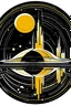 Placeholder: round logo for organisation;black and gold colors only ; taking off big sci-fi space ship in the center; background abstract 1/3 sci-fi space city ; 2/3 galaxy in abstract way; small thin outer gold line; less detail in background