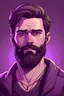 Placeholder: a realistic image of a man who is very masculine, confident, and strong. He has a sharp jawline and masculine body. He has a beard and he symbolizes masculinity. His expression should be determination and intelligence. The background should be purple and blurry. The character also needs to be realistic. he should look excited and there should be no color shading. the man needs to wear a top