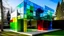 Placeholder: Cutting-edge architecture: a single-family home made of transparent colored glass blocks, each representing a specific function. Minimalist design, bright interiors, and a harmonious environment.