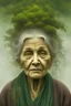 Placeholder: planet earth as an old woman. front facing. the face has the texture of roots. leaves, blossoms, cobwebs. very smooth colors, forest green and yellow. bordeaux. fog, mist