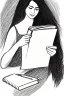 Placeholder: Pencil sketch of Young woman, Arab features, long wavy hair, reading a book, full body، on lined paper