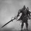 Placeholder: Skull head, knight with armor, big sword, standing still, smoke, realistic, 4K, High Definition, Centered