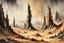 Placeholder: an Yves Tanguy, shattered otherworldly canyon land of twisted wind sculpted forms, arid and windswept harboring the bones of a forgotten civilization, neo surrealism, striking, atmospheric, dreamlike, enigmatic, watercolor underpainting, 4k