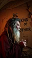 Placeholder: A hand writing On cave wall written “ BE KIND TO EACH OTHER “ an old man with bear and king hair died by the cave wall , a dim lighting great quality picture with primitive style