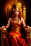 Placeholder: A mature Egyptian goddess with red hair and amber eyes, wearing a red silk gown and a necklace of scarabs. She is sitting on a throne made of gold, carved with the head of a wise and ancient dragon