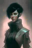 Placeholder: Cyberpunk netrunner, black hair, short hair, cybernetic eyes, standing in mists, Female, dark art, Ivory Peach skin