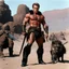 Placeholder: [high res photo of a movie by Ray Harryhausen] confident tattooed Arnold Schwarzenegger in a revealing leather outfit and fur boots As A Wasteland Warrior, he has incredible weapons, dusty and rusty