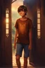 Placeholder: 15 year old young boy with lightly tanned skin and brown hair wearing a teeshirt, standing by a door, smiling, 4k, Fantasy