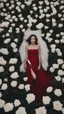 Placeholder: White wings, scissors, red dress in the middle of a field of white roses. Cinematic photo from above