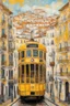 Placeholder: lisbon city view with famous yellow tram in gustav klimt style