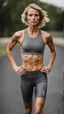 Placeholder: photography of a beautiful anorexic woman, grey satin triathlon top, sports illustrated, blond short wavy bob haircut, pronounced sternum, anthracite running leggins