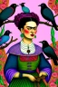 Placeholder: Friendly Frida Kahlo as a witch, playing with crows, perfect iris, pastel colours, style Beatrix Potter